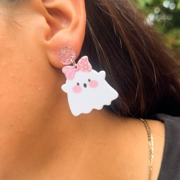 Pink Ghost Earrings — Cute Glitter Bow Halloween Dangle Jewelry - Picture 3 of 4